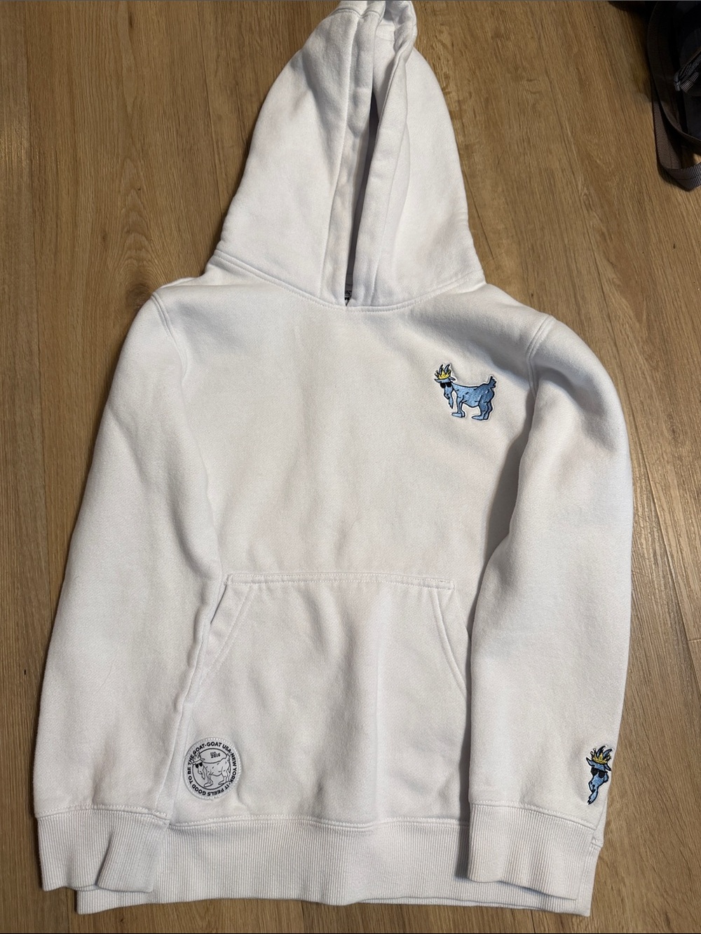 White GOAT USA Hoodie with Blue Goat Embroidery